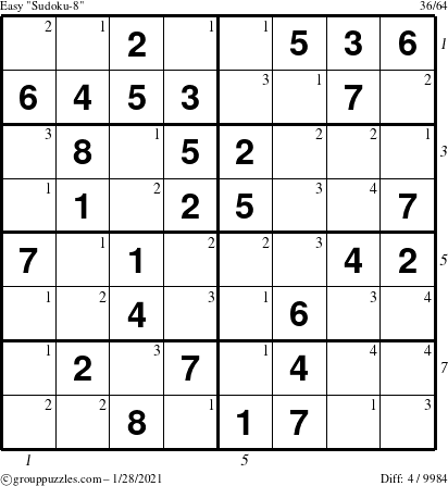 The grouppuzzles.com Easy Sudoku-8 puzzle for Thursday January 28, 2021 with all 4 steps marked