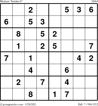 The grouppuzzles.com Medium Sudoku-8 puzzle for Thursday January 28, 2021