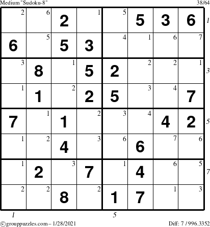 The grouppuzzles.com Medium Sudoku-8 puzzle for Thursday January 28, 2021 with all 7 steps marked