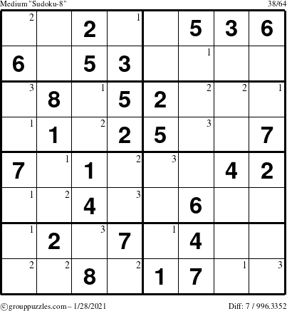 The grouppuzzles.com Medium Sudoku-8 puzzle for Thursday January 28, 2021 with the first 3 steps marked