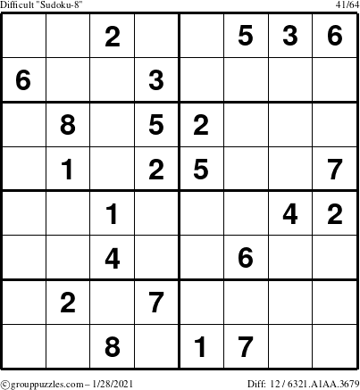 The grouppuzzles.com Difficult Sudoku-8 puzzle for Thursday January 28, 2021