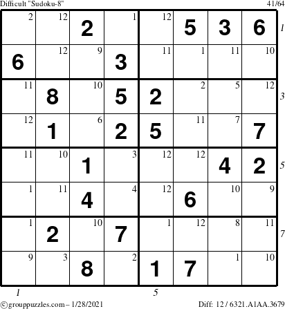 The grouppuzzles.com Difficult Sudoku-8 puzzle for Thursday January 28, 2021 with all 12 steps marked