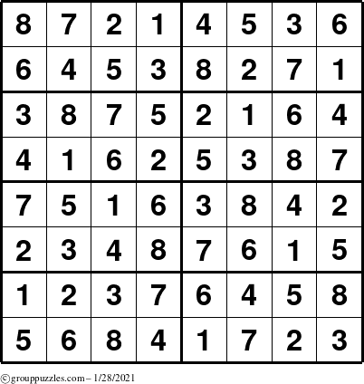 The grouppuzzles.com Answer grid for the Sudoku-8 puzzle for Thursday January 28, 2021