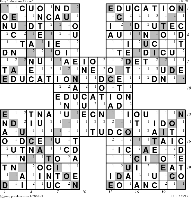 The grouppuzzles.com Easy Education-Xtreme puzzle for Thursday January 28, 2021 with all 3 steps marked