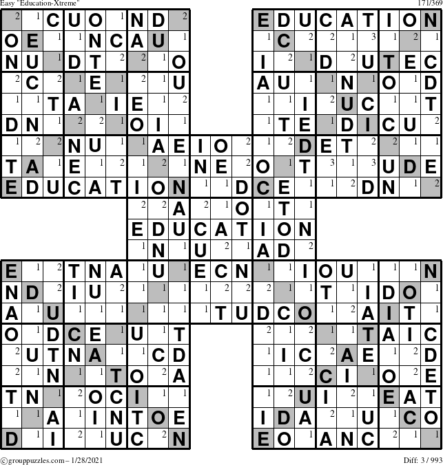 The grouppuzzles.com Easy Education-Xtreme puzzle for Thursday January 28, 2021 with the first 3 steps marked