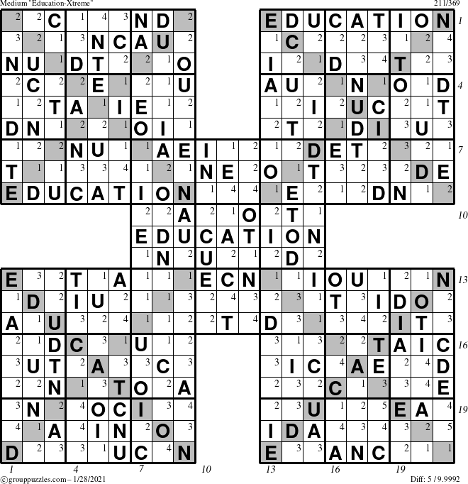 The grouppuzzles.com Medium Education-Xtreme puzzle for Thursday January 28, 2021 with all 5 steps marked