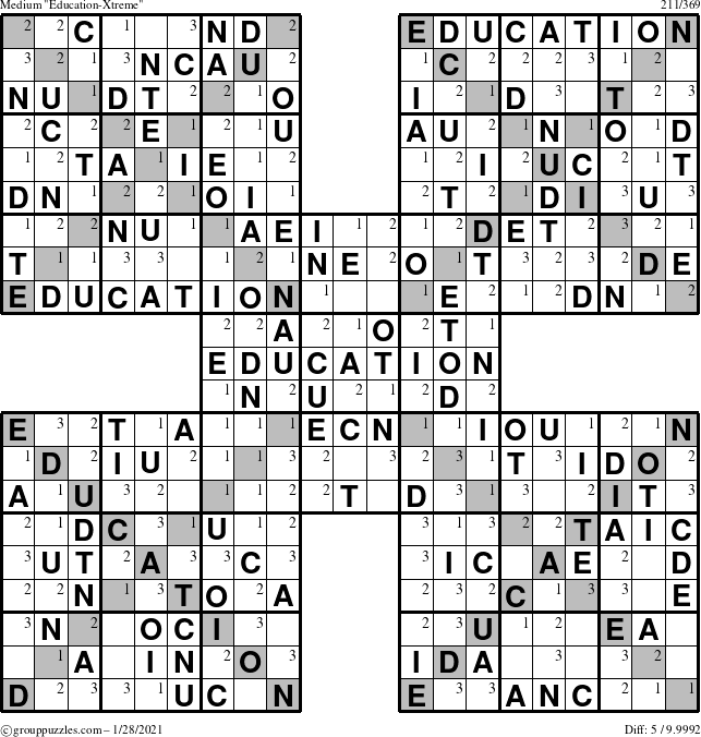 The grouppuzzles.com Medium Education-Xtreme puzzle for Thursday January 28, 2021 with the first 3 steps marked