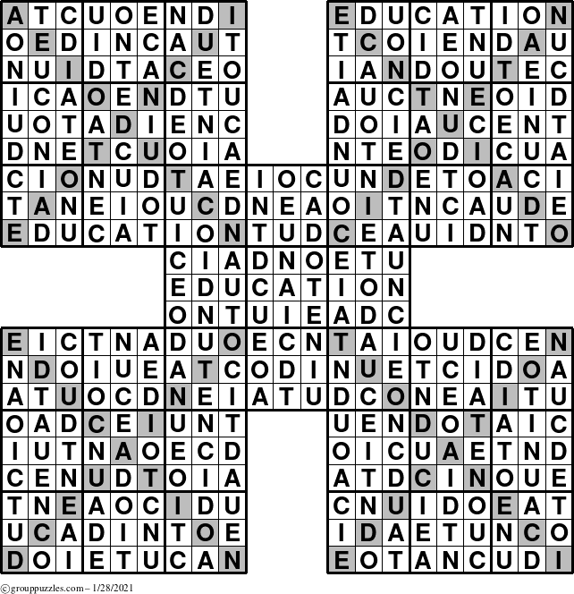 The grouppuzzles.com Answer grid for the Education-Xtreme puzzle for Thursday January 28, 2021