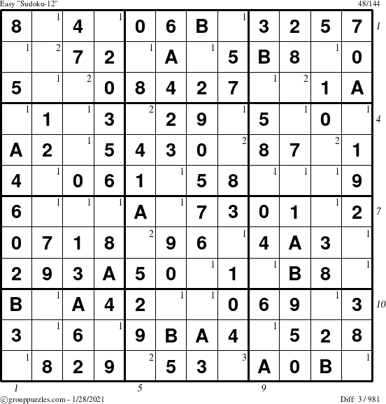 The grouppuzzles.com Easy Sudoku-12 puzzle for Thursday January 28, 2021 with all 3 steps marked