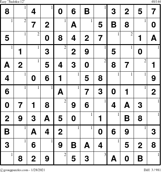 The grouppuzzles.com Easy Sudoku-12 puzzle for Thursday January 28, 2021 with the first 3 steps marked