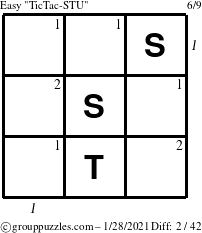 The grouppuzzles.com Easy TicTac-STU puzzle for Thursday January 28, 2021, suitable for printing, with all 2 steps marked