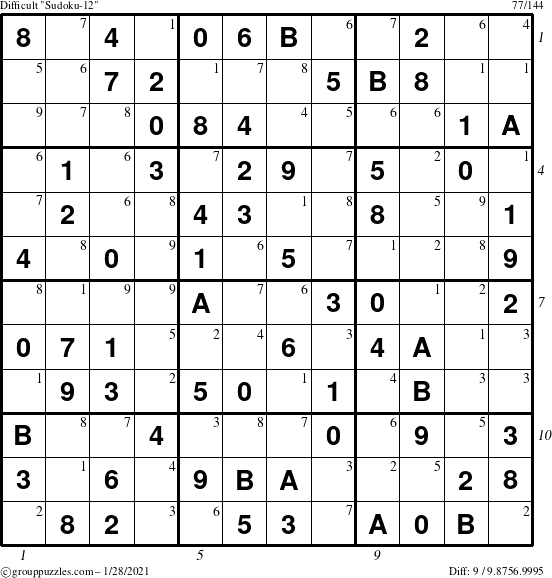 The grouppuzzles.com Difficult Sudoku-12 puzzle for Thursday January 28, 2021 with all 9 steps marked