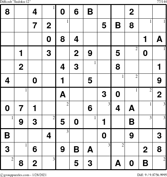 The grouppuzzles.com Difficult Sudoku-12 puzzle for Thursday January 28, 2021 with the first 3 steps marked