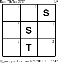 The grouppuzzles.com Easy TicTac-STU puzzle for Thursday January 28, 2021 with the first 2 steps marked