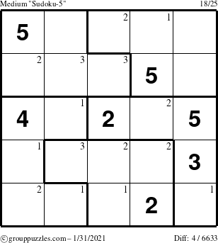 The grouppuzzles.com Medium Sudoku-5 puzzle for Sunday January 31, 2021 with the first 3 steps marked