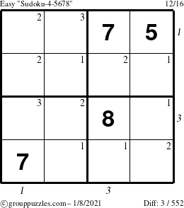 The grouppuzzles.com Easy Sudoku-4-5678 puzzle for Friday January 8, 2021 with all 3 steps marked