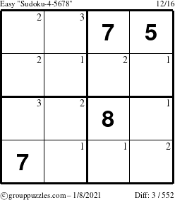 The grouppuzzles.com Easy Sudoku-4-5678 puzzle for Friday January 8, 2021 with the first 3 steps marked