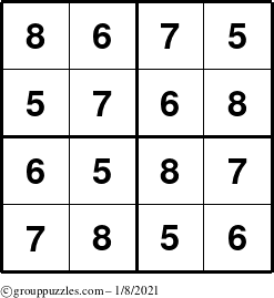 The grouppuzzles.com Answer grid for the Sudoku-4-5678 puzzle for Friday January 8, 2021