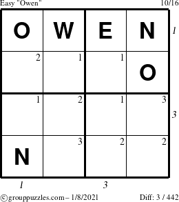 The grouppuzzles.com Easy Owen puzzle for Friday January 8, 2021, suitable for printing, with all 3 steps marked