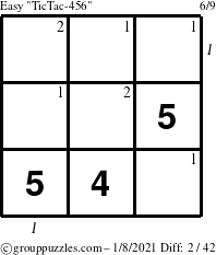 The grouppuzzles.com Easy TicTac-456 puzzle for Friday January 8, 2021 with all 2 steps marked