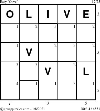 The grouppuzzles.com Easy Olive puzzle for Friday January 8, 2021 with all 4 steps marked