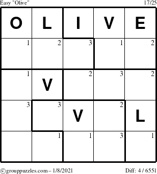 The grouppuzzles.com Easy Olive puzzle for Friday January 8, 2021 with the first 3 steps marked