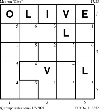 The grouppuzzles.com Medium Olive puzzle for Friday January 8, 2021 with all 6 steps marked