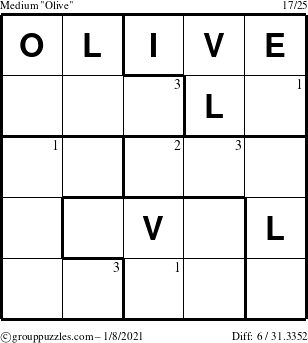 The grouppuzzles.com Medium Olive puzzle for Friday January 8, 2021 with the first 3 steps marked