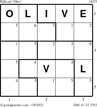 The grouppuzzles.com Difficult Olive puzzle for Friday January 8, 2021 with all 6 steps marked