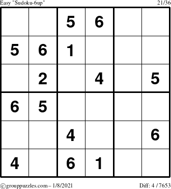 The grouppuzzles.com Easy Sudoku-6up puzzle for Friday January 8, 2021