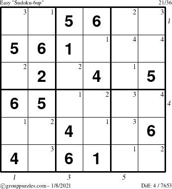 The grouppuzzles.com Easy Sudoku-6up puzzle for Friday January 8, 2021 with all 4 steps marked