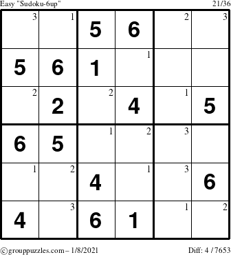 The grouppuzzles.com Easy Sudoku-6up puzzle for Friday January 8, 2021 with the first 3 steps marked