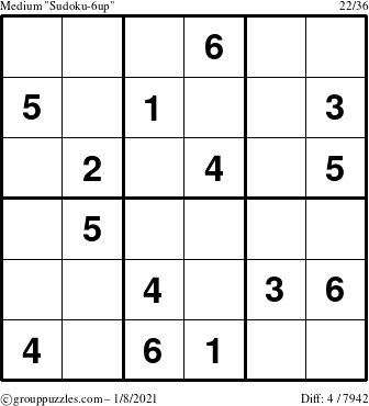 The grouppuzzles.com Medium Sudoku-6up puzzle for Friday January 8, 2021