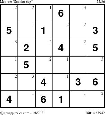 The grouppuzzles.com Medium Sudoku-6up puzzle for Friday January 8, 2021 with the first 3 steps marked