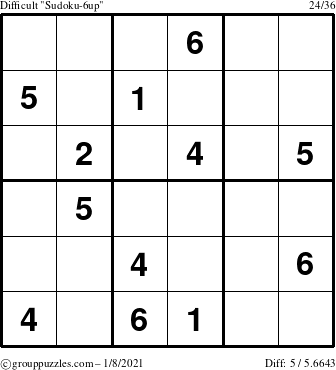 The grouppuzzles.com Difficult Sudoku-6up puzzle for Friday January 8, 2021