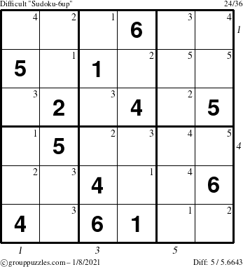 The grouppuzzles.com Difficult Sudoku-6up puzzle for Friday January 8, 2021 with all 5 steps marked