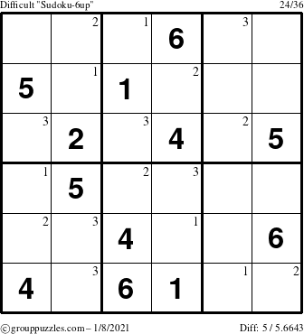 The grouppuzzles.com Difficult Sudoku-6up puzzle for Friday January 8, 2021 with the first 3 steps marked