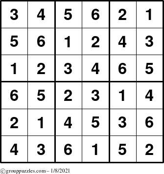 The grouppuzzles.com Answer grid for the Sudoku-6up puzzle for Friday January 8, 2021