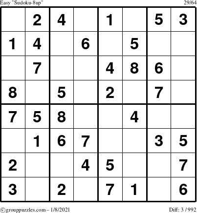 The grouppuzzles.com Easy Sudoku-8up puzzle for Friday January 8, 2021