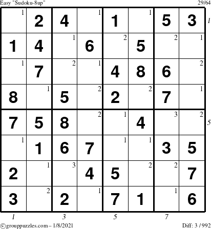 The grouppuzzles.com Easy Sudoku-8up puzzle for Friday January 8, 2021, suitable for printing, with all 3 steps marked