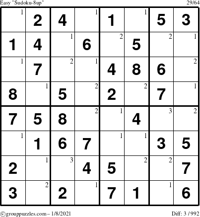 The grouppuzzles.com Easy Sudoku-8up puzzle for Friday January 8, 2021 with the first 3 steps marked