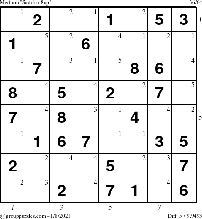 The grouppuzzles.com Medium Sudoku-8up puzzle for Friday January 8, 2021, suitable for printing, with all 5 steps marked