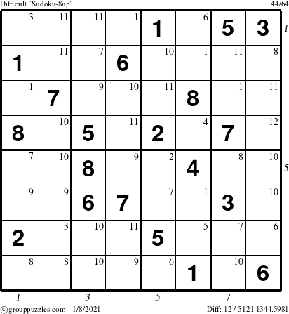 The grouppuzzles.com Difficult Sudoku-8up puzzle for Friday January 8, 2021 with all 12 steps marked