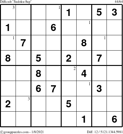 The grouppuzzles.com Difficult Sudoku-8up puzzle for Friday January 8, 2021 with the first 3 steps marked