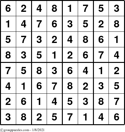 The grouppuzzles.com Answer grid for the Sudoku-8up puzzle for Friday January 8, 2021