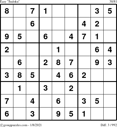 The grouppuzzles.com Easy Sudoku puzzle for Friday January 8, 2021