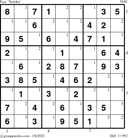 The grouppuzzles.com Easy Sudoku puzzle for Friday January 8, 2021 with all 3 steps marked