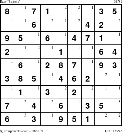 The grouppuzzles.com Easy Sudoku puzzle for Friday January 8, 2021 with the first 3 steps marked