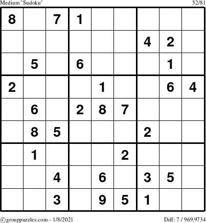 The grouppuzzles.com Medium Sudoku puzzle for Friday January 8, 2021