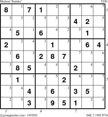 The grouppuzzles.com Medium Sudoku puzzle for Friday January 8, 2021 with all 7 steps marked